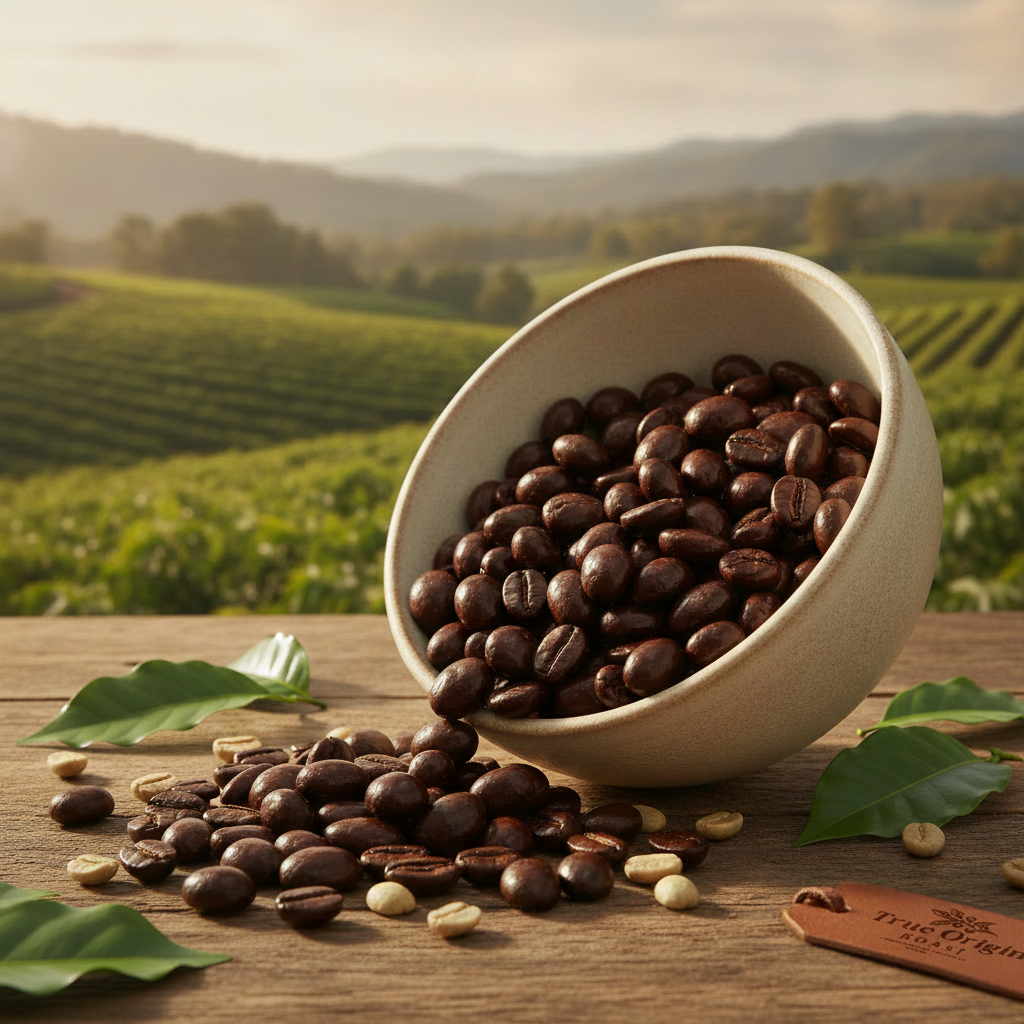 True Origin Roast chocolate covered espresso beans in rustic ceramic bowl